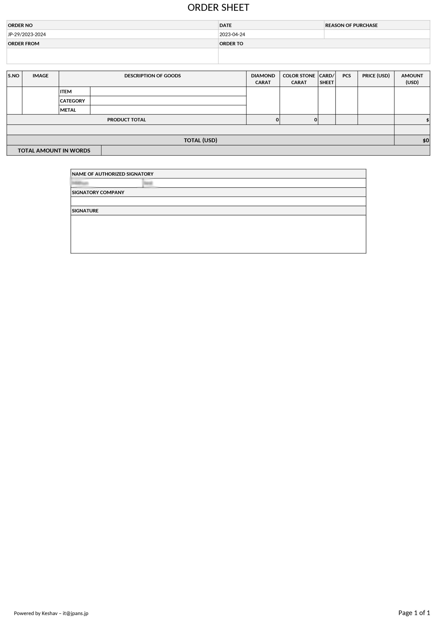 Order Sheet